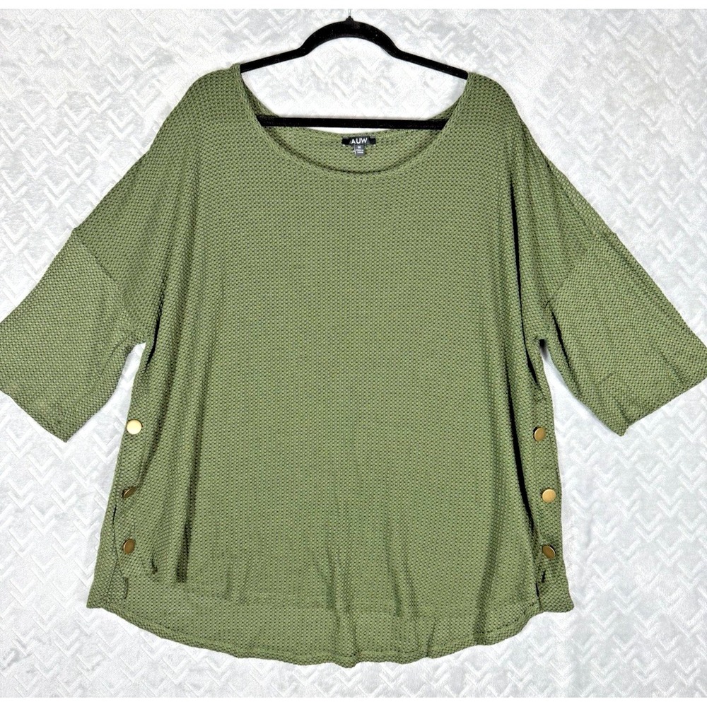 AUW Women's Waffle Knit Olive Green Top Blouse Bronze‎ Button Detail  3X